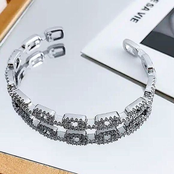 Silver Crystal Bangle Cuff Rhinestone Bracelet - Picture 11 of 11